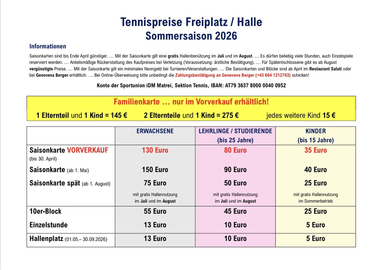 Preisliste Sommer 2026